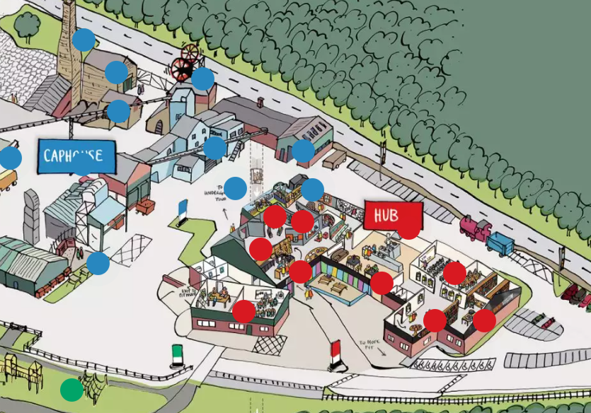 A map of National Coal Mining Museum for England site, with red and blue dots highlighting various areas of the site