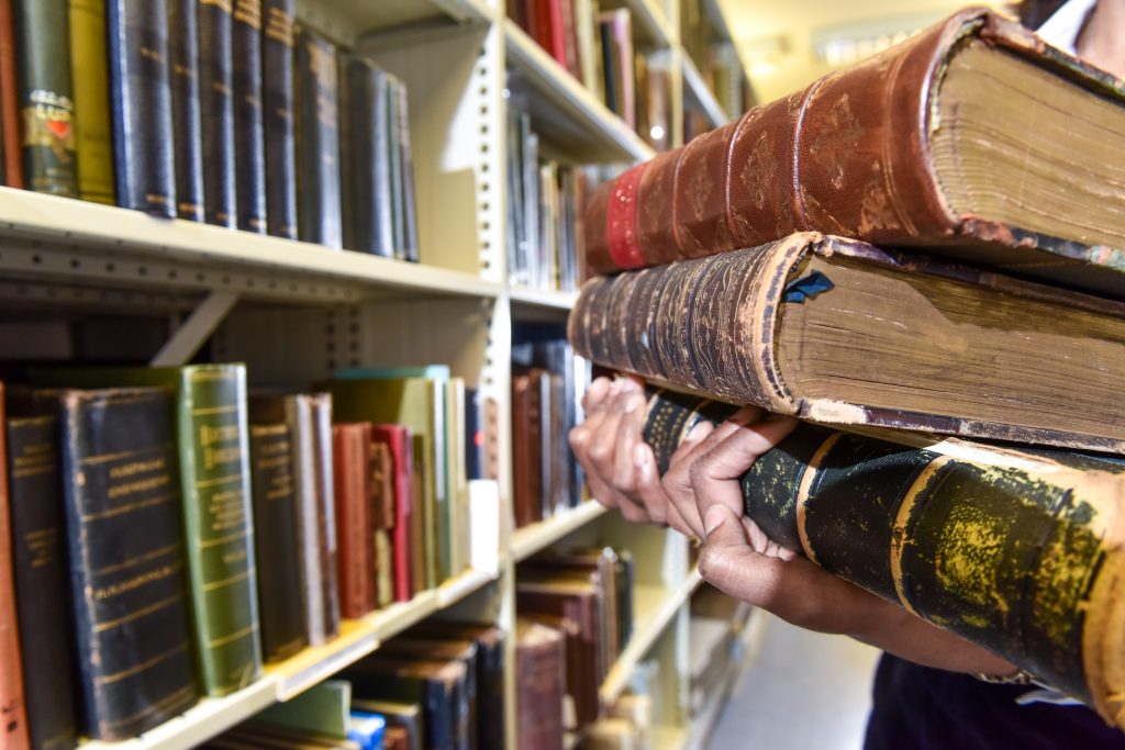 Pile of books in the library