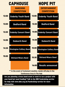 Performance Times for Enderby Youth Band Bedford Band Enderby Concert Band Dodworth Band Dinnington Colliery Band Shirland Miners Band Between 12pm and 4pm