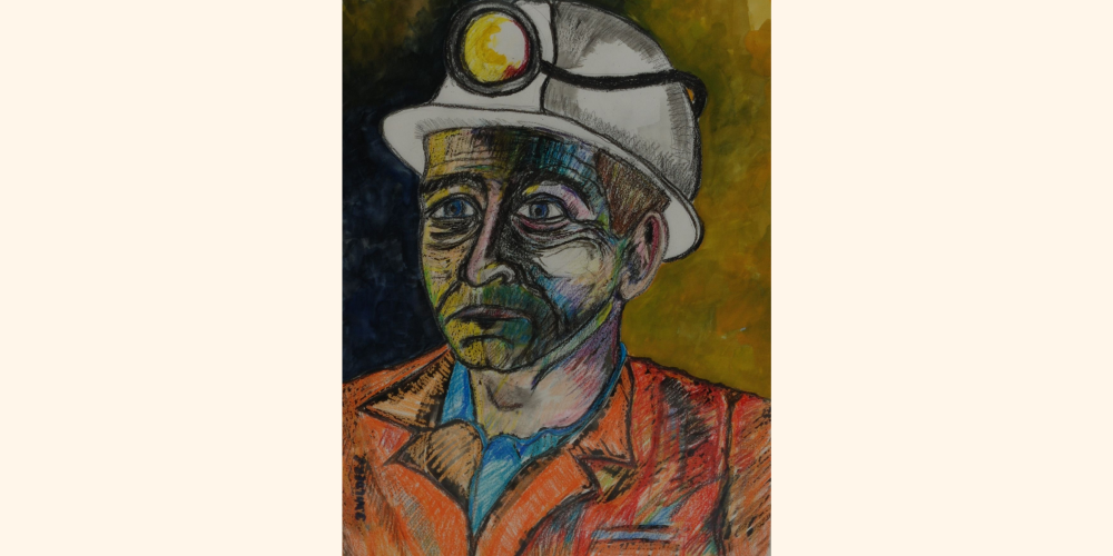 Collier I by Dave Wilders, depicting a miner wearing a hard hat and with a coal covered face.