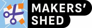 Makers Shed logo with an illustration of scissors