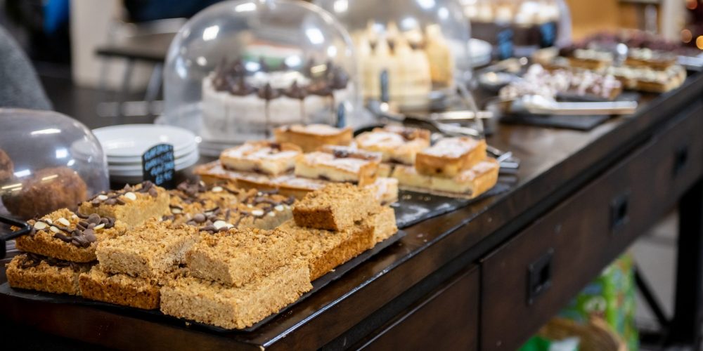 A selection of cakes and traybakes for sale at the cafe