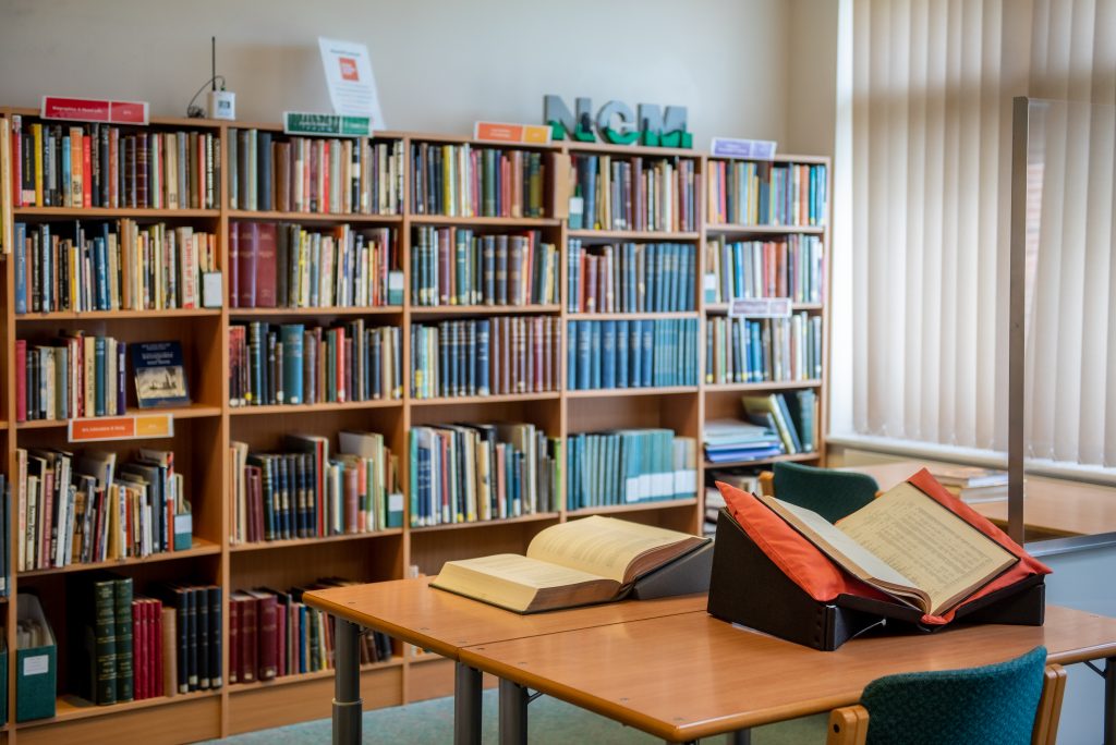 Image of the Library, with a central table