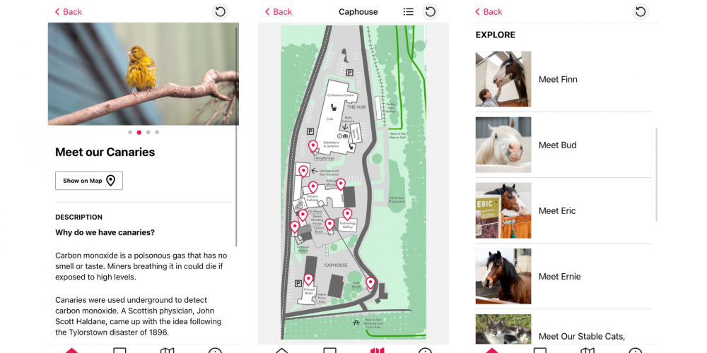 Screenshots of the app - showing a map, a guide to the canaries and Meet the Ponies page