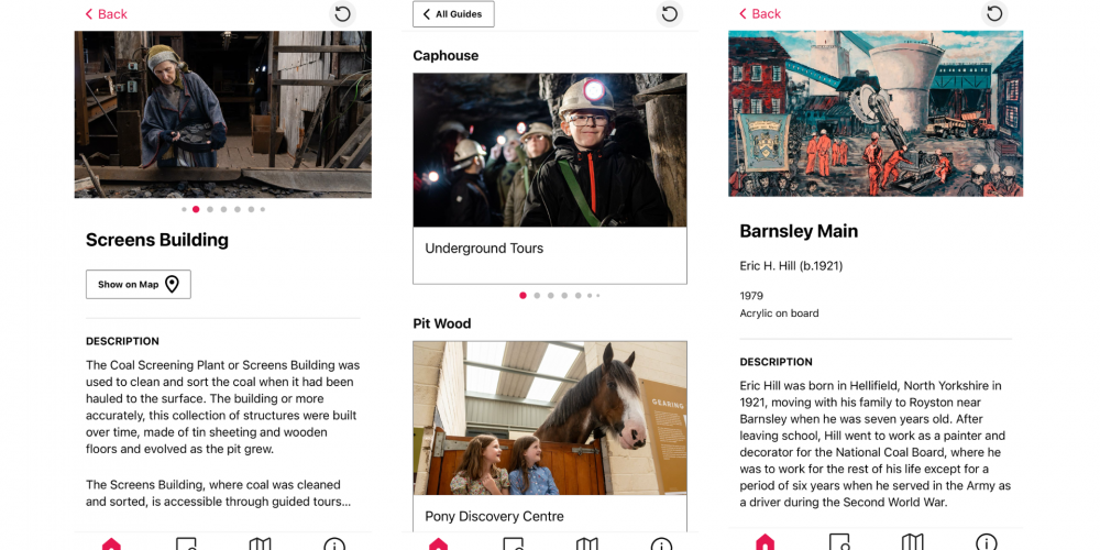 Screenshots of the app - showing the screens building, navigation menu and some of the art from the collection