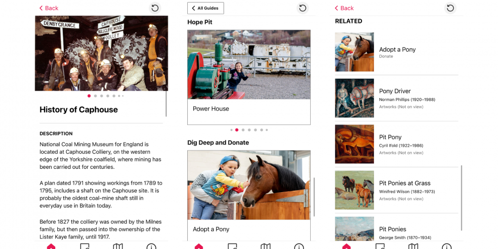 Screenshots of the app - showing the navigation menu, history of the colliery and more.