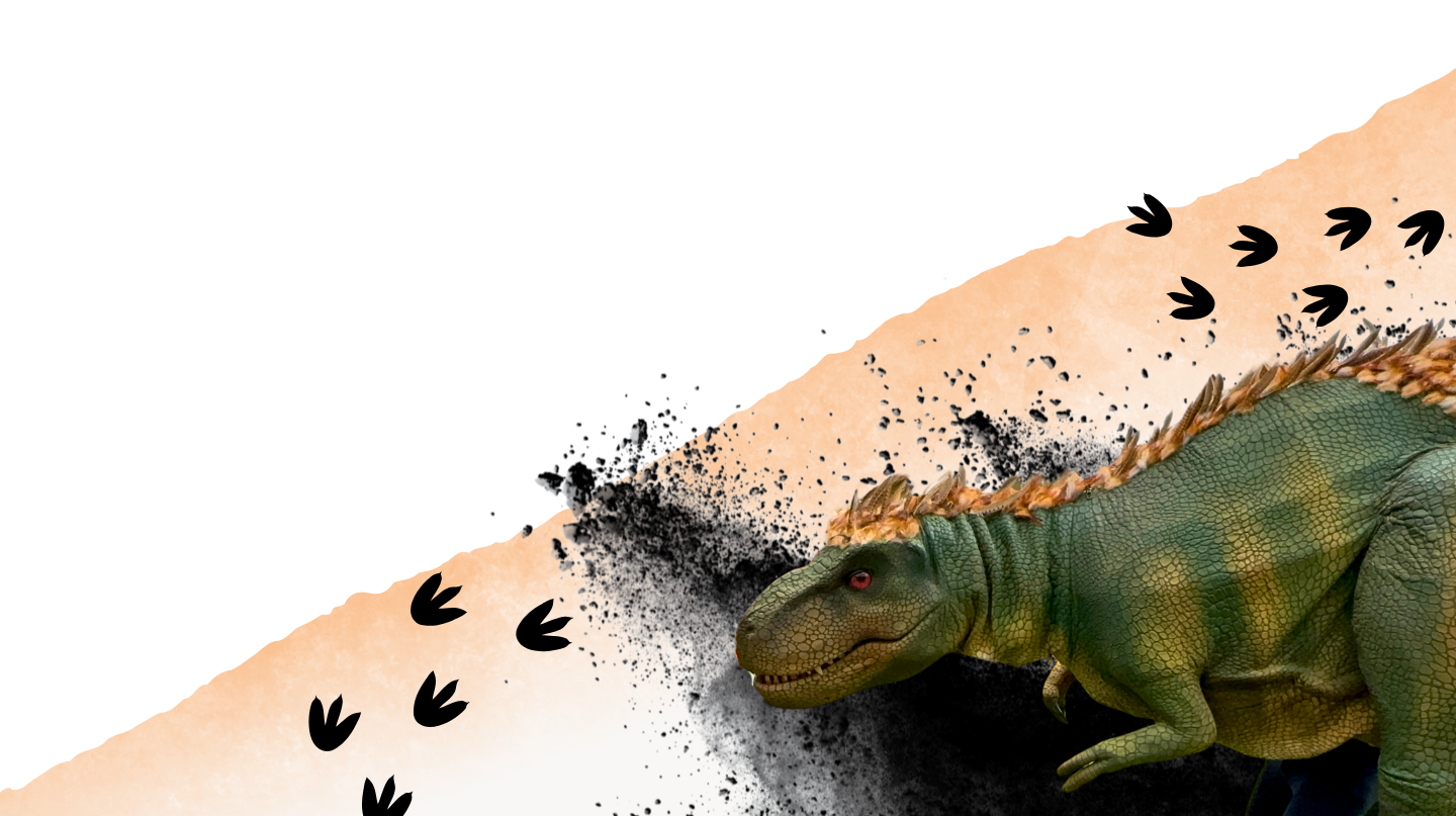 Green scaled dinosaur with footprints around them