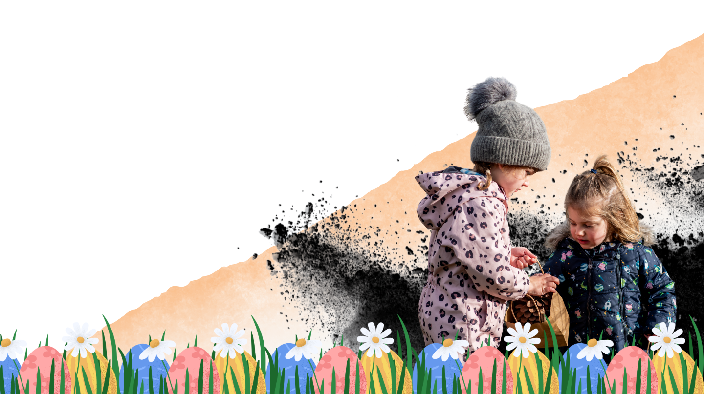 Two young children with baskets and easter eggs