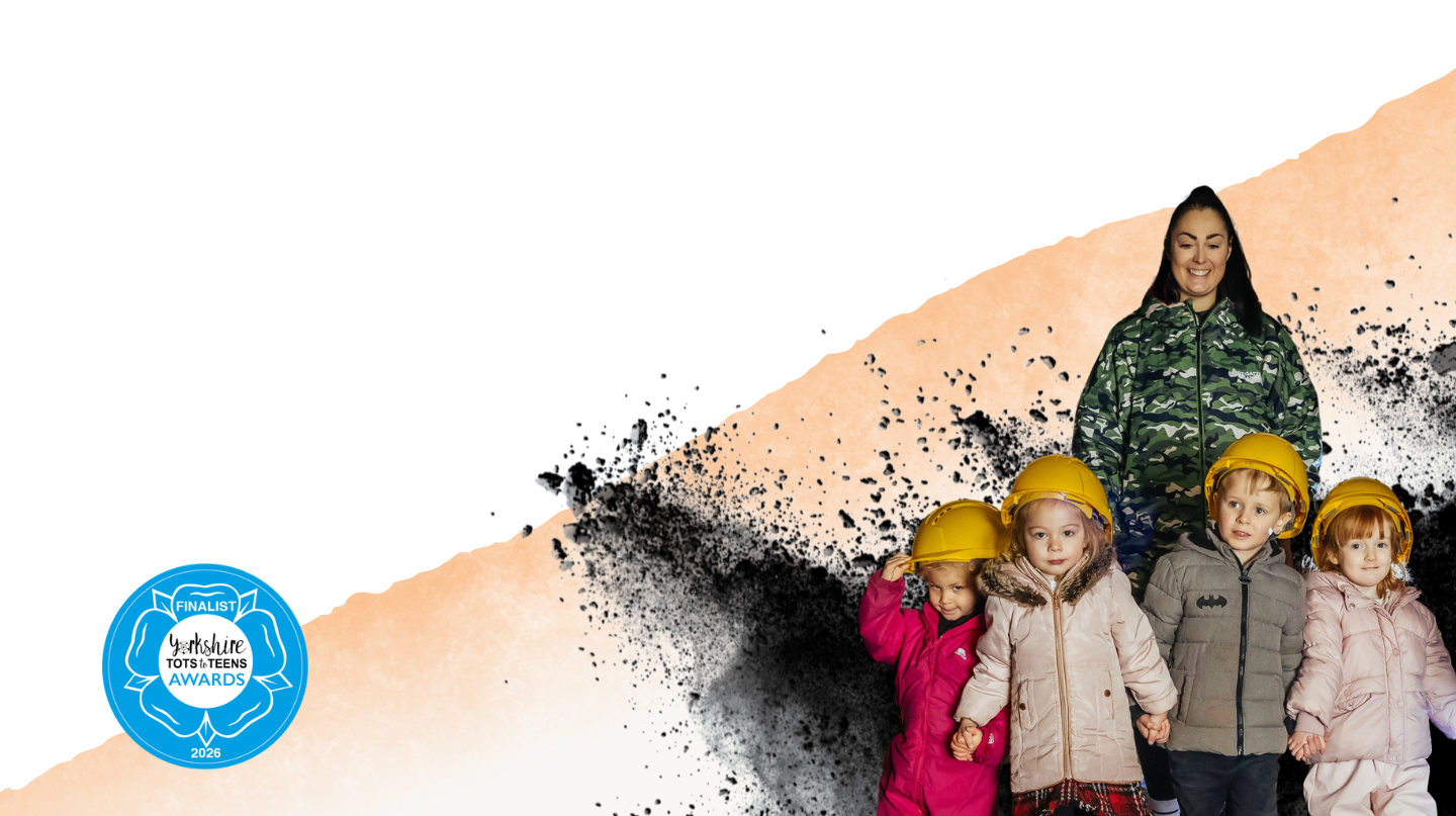 A young family wearing hard hats and Tots to Teens Awards logo