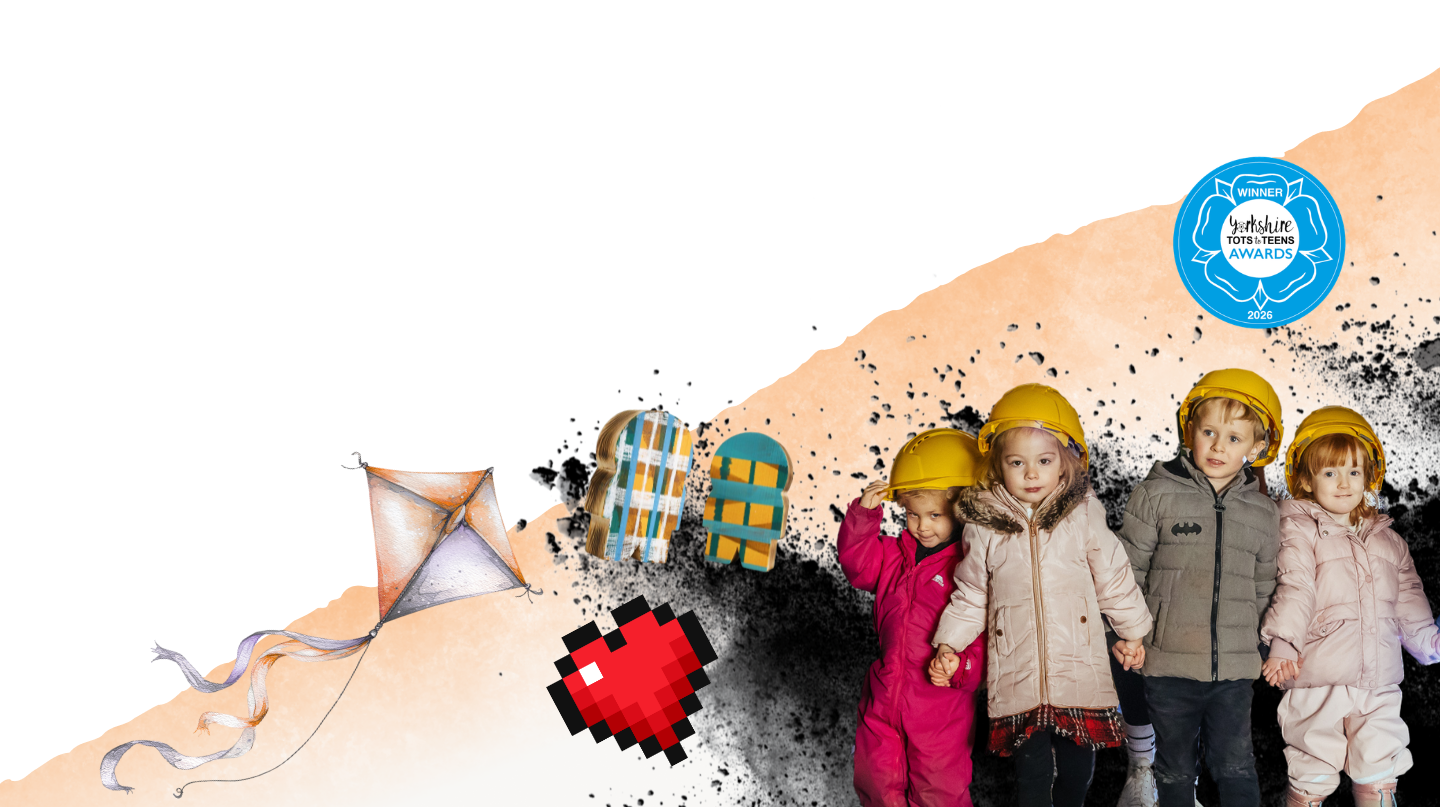children wearing hard hats, a kite graphic and heart graphic
